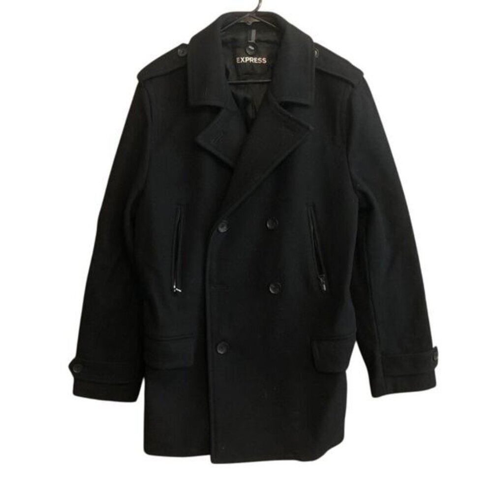 Express Mens Coat Black Double Breasted Peacoat Lined Wool Blend Large